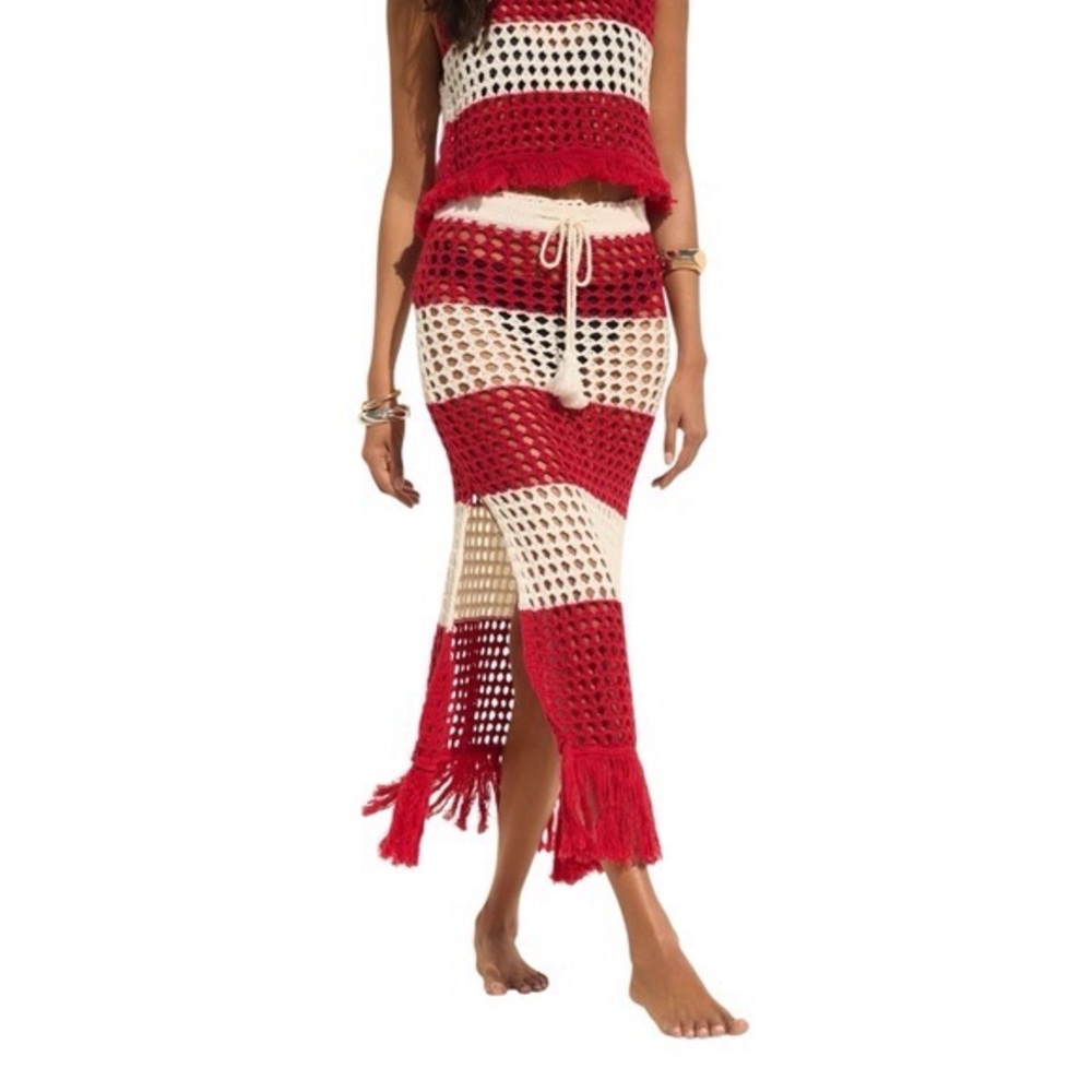 FARM RIO Red and White Crochet Midi Skirt - Womens Size Medium - New With Tags